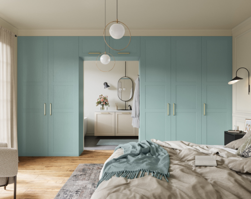 Chambre avec rangement Ikea Pax et porte Adèle bleu normandie RYK