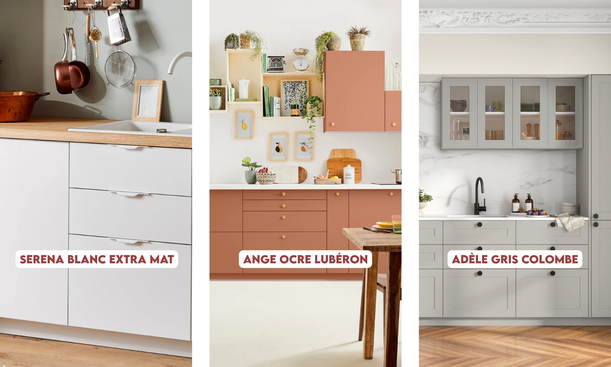 Modèles Adèle gris colombe / Ange ocre lubéron / Serena blanc extra mat